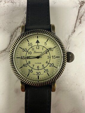 Geneva Watch Men Brass Tone Black Faux Leather Band 47MM Dial New Battery